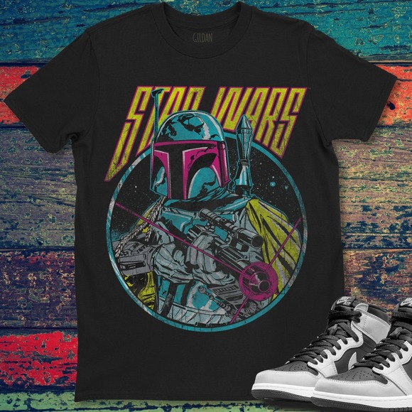 Star Wars Boba Fett Neon Blaster Vintage Graphic Unisex Gift T-Shirt - Picture 1 of 2